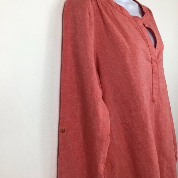 ELLEN TRACY LINEN Split Neck 3/4 Length Sleeve Coral Tunic size L - Picture 3 of 10